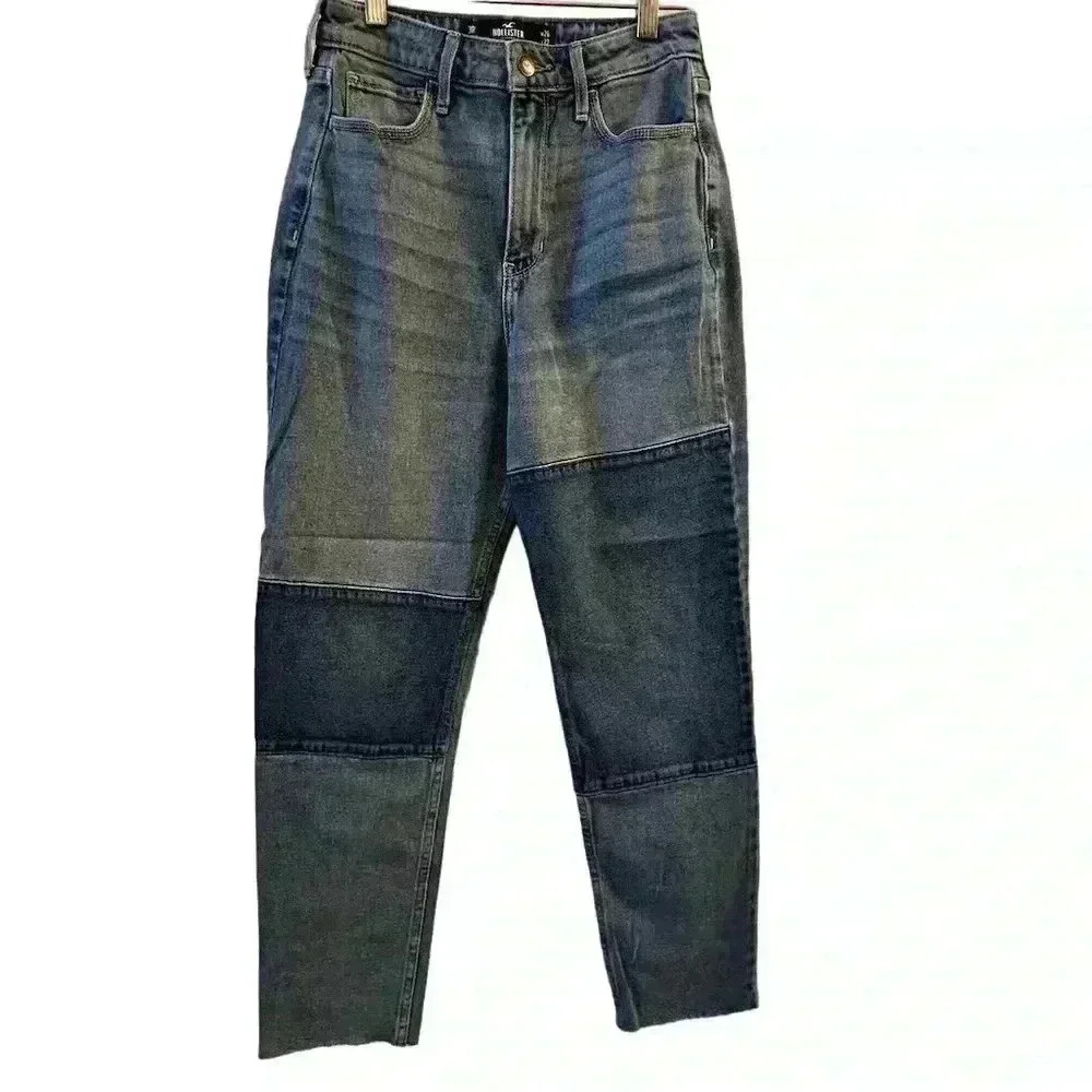 Hollister Women's Ultra High-Rise Mom Jeans Size 3 Blue Patchwork waist 26‎